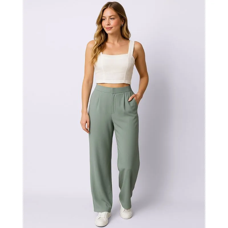 Calça Feminina Alfaiataria Pantalona com Bolsos Pregas Verde PP