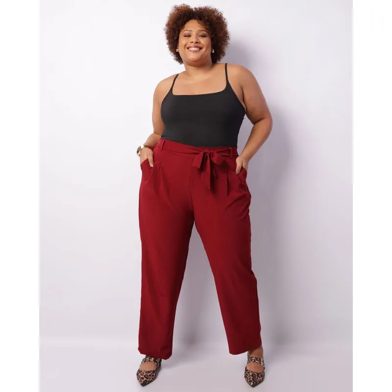 Calça Plus Size Feminina Texturizada Com Laço Vinho G2