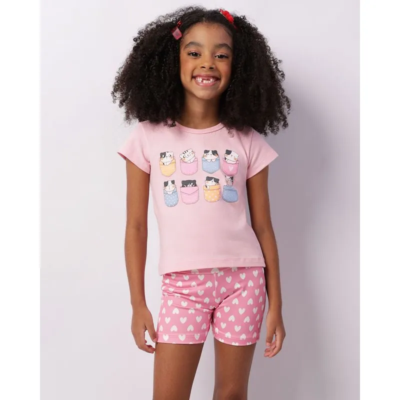 Conjunto Infantil Curto Com Estampa Gatinho E Corações Rosa 8