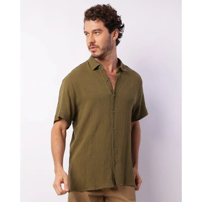 Camisa Masculina Manga Curta Texturizada Verde 1