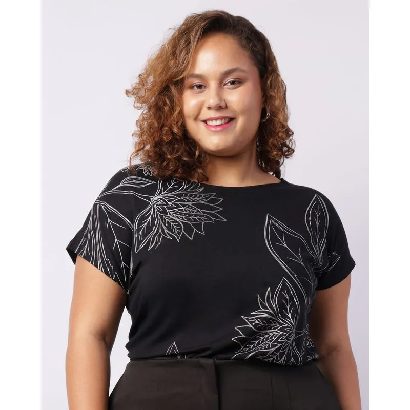 Blusa Plus Size Feminina Estampa Floral Preta G1