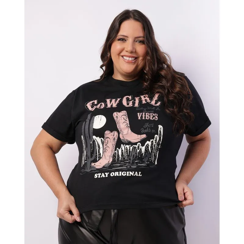 Camiseta Plus Size Feminina Estampa CowGirl Preta G2