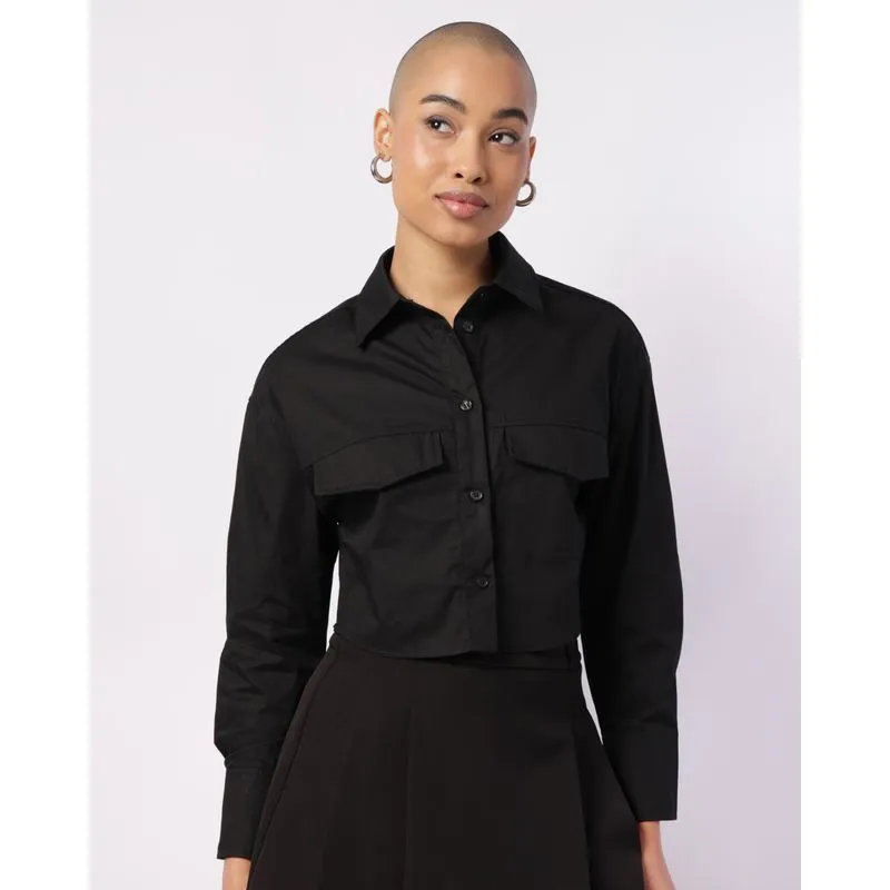 Camisa Feminina Cropped Algodão Manga Longa Preta G