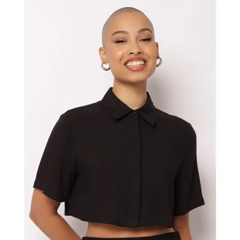Camisa Feminina Cropped Viscose Manga Curta Preta GG