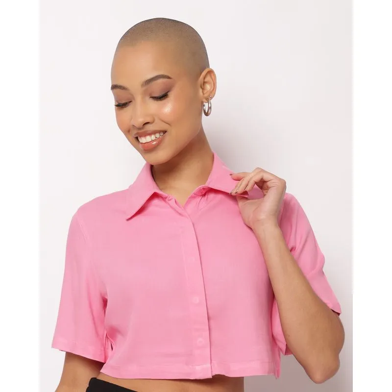Camisa Feminina Cropped Viscose Manga Curta Rosa M