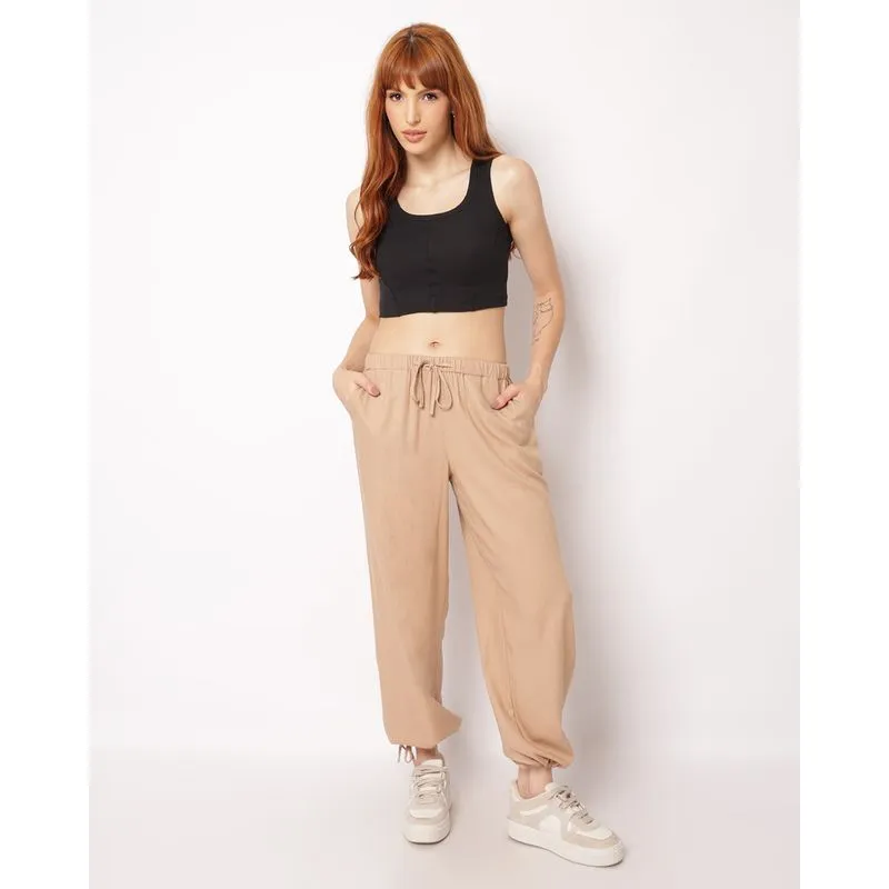Calça Feminina Jogger Viscolinho com Bolsos Barra Amarração Bege P