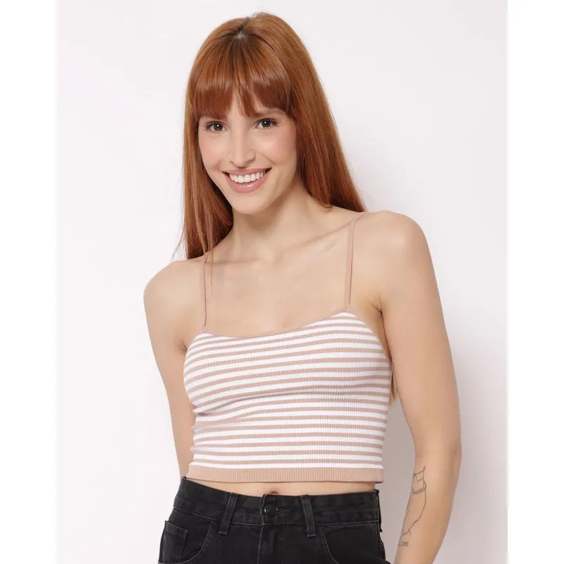 Blusa Feminina Cropped Alcinha Canelada Listrada Bege G