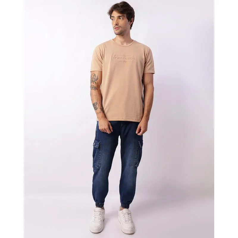 Calça Jeans Masculina Jogger Com Bolsos Cargo Azul 46