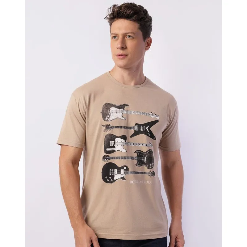 Camiseta Masculina Manga Curta Estampa Guitarra Bege GG