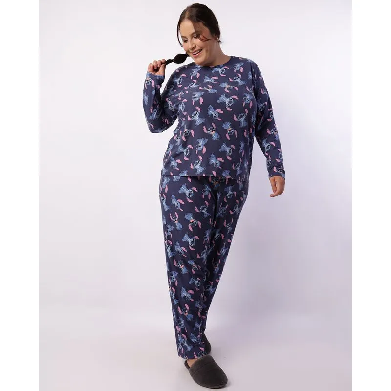 Pijama Plus Size Feminino Longo Disney Stitch Marinho 52