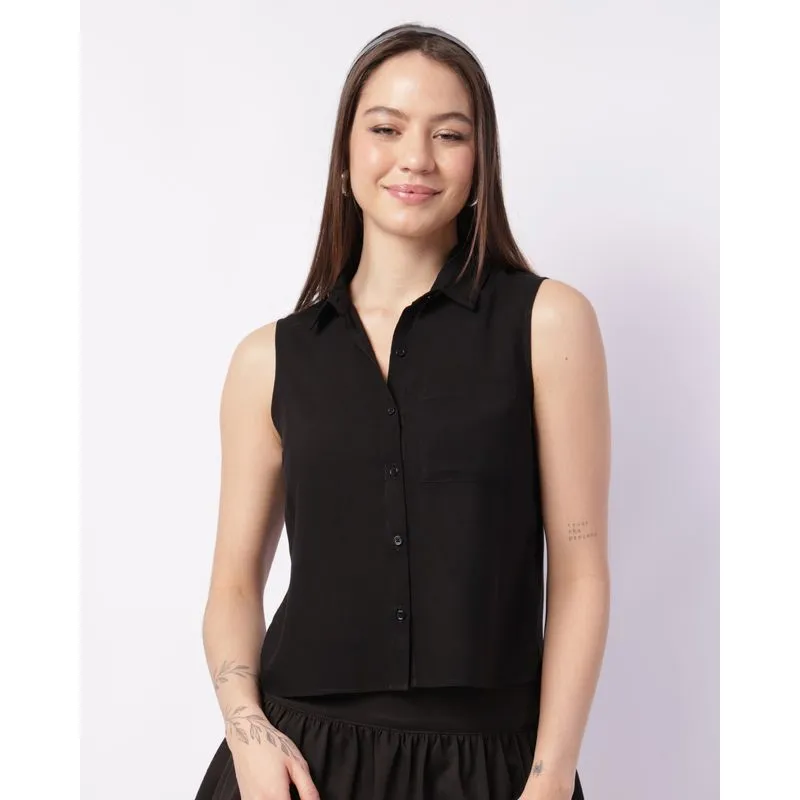Camisa Feminina Regata Viscose Berry & Co. com Bolso Preta P