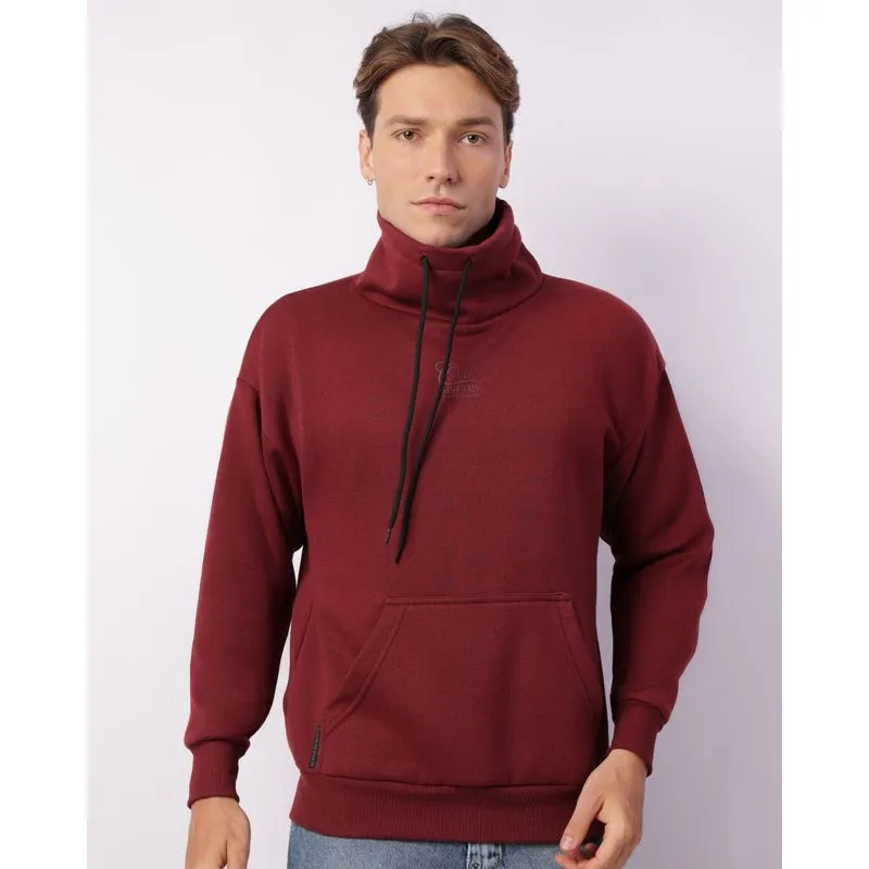 Blusão Moletom Masculino Gola Alta Bolso Canguru Vinho G