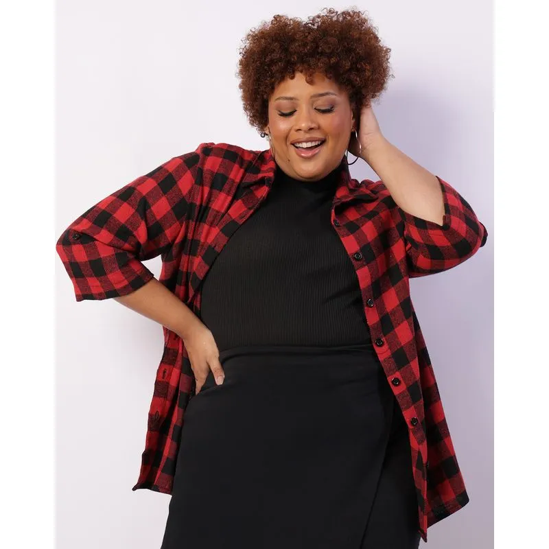 Camisa Plus Size Feminina Manga 3/4 Xadrez Vermelha G2