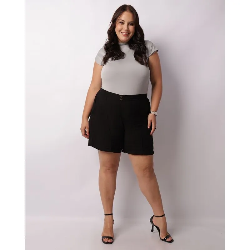 Body Plus Size Feminino Manga Curta Gola Alta Franzido Cinza G3