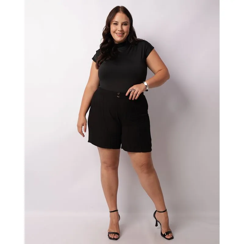 Body Plus Size Feminino Manga Curta Gola Alta Franzido Preto G3