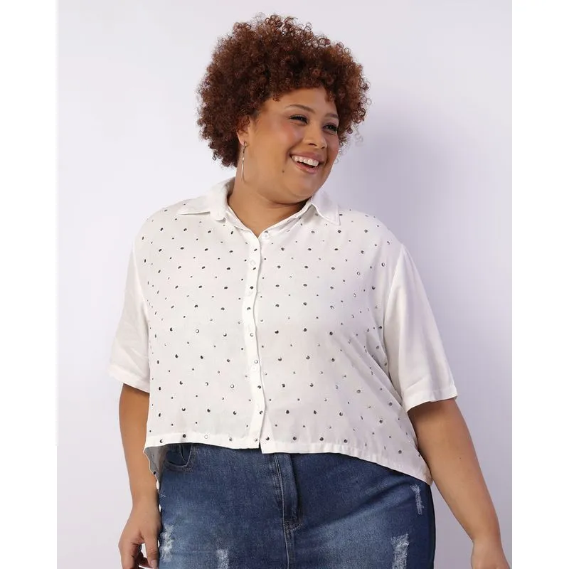 Camisa Plus Size Feminina Viscose Com Aplicação Tachas Off White G1