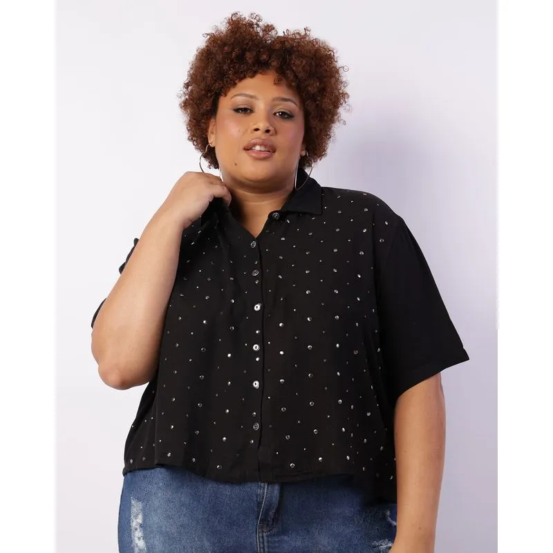 Camisa Plus Size Feminina Viscose Com Aplicação Tachas Preta G3