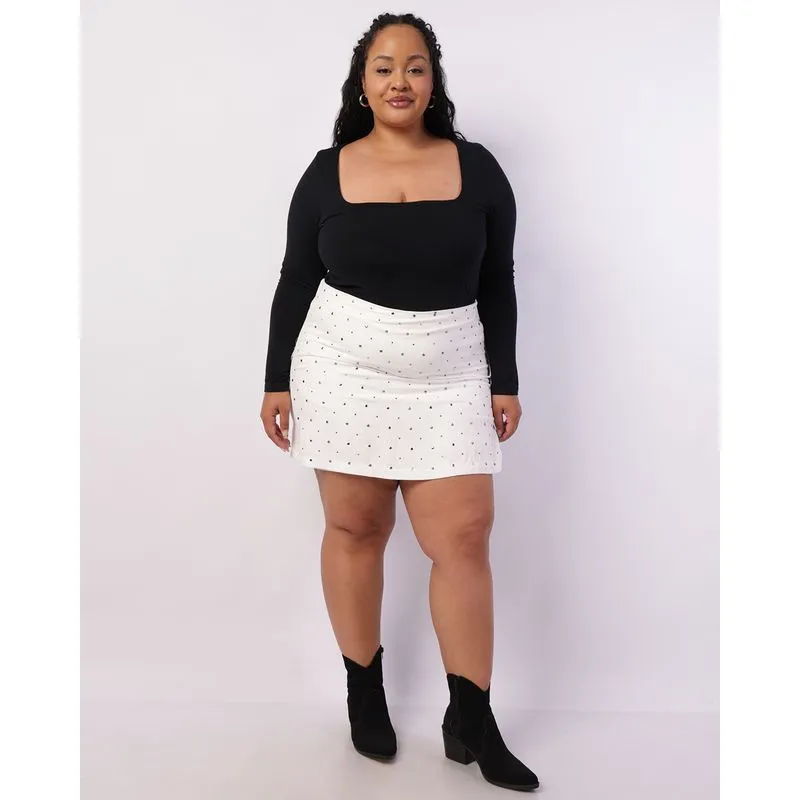 Short Saia Plus Size Feminino Viscose com Tachas Branco G2