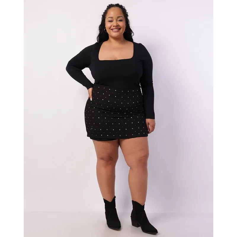 Short Saia Plus Size Feminino Viscose com Tachas Preto G1