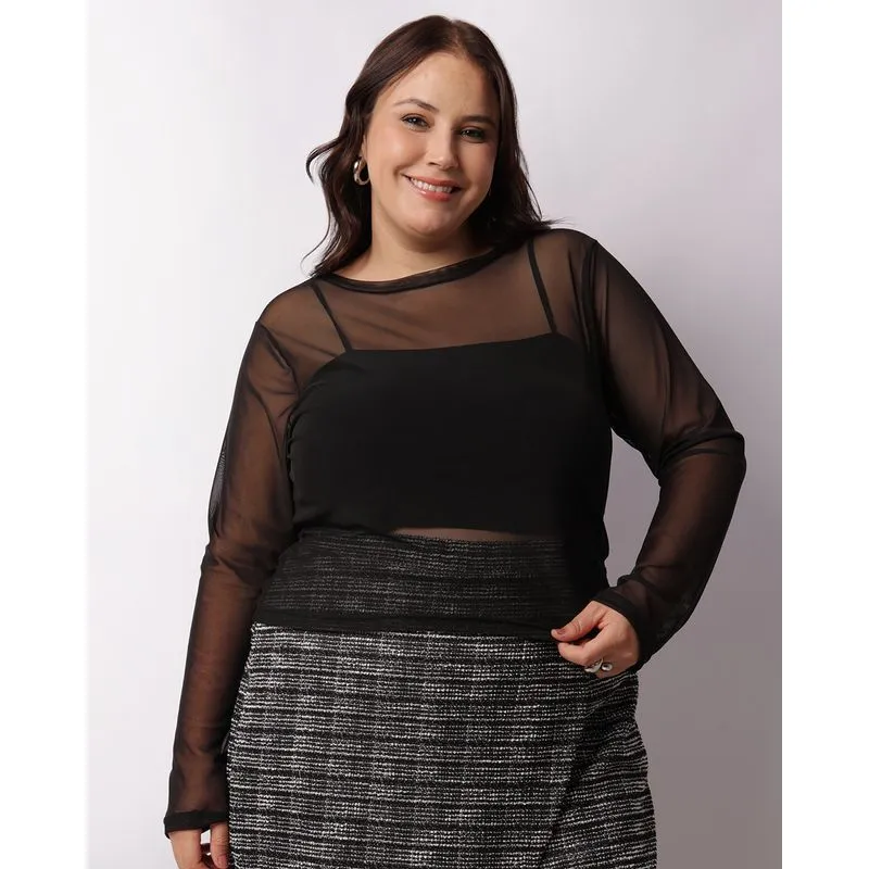 Blusa Plus Size Feminina Tule Manga Longa Preta G3