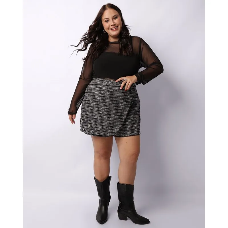 Short Saia Plus Size Feminino Tweed Lurex Preto G2