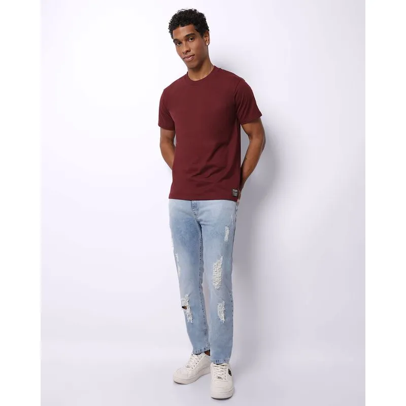 Calça Jeans Masculina Slim Destroyed com Puídos Bolsos Azul Claro 48