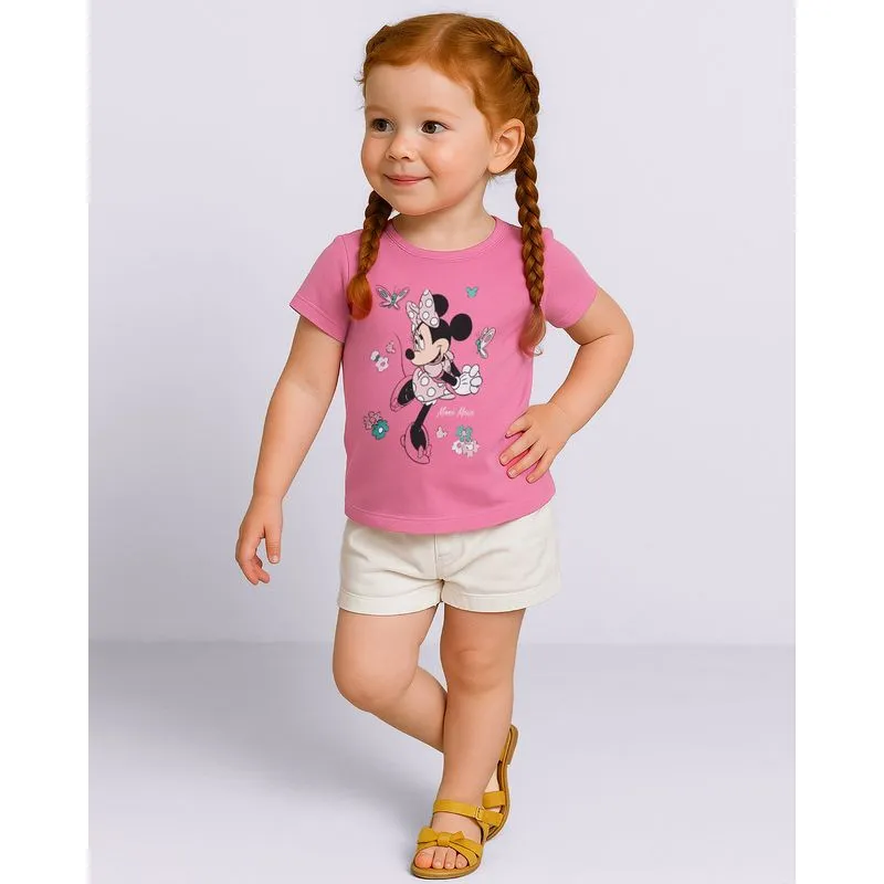 Camiseta Bebê Disney Minnie Algodão Manga Curta Rosa 1