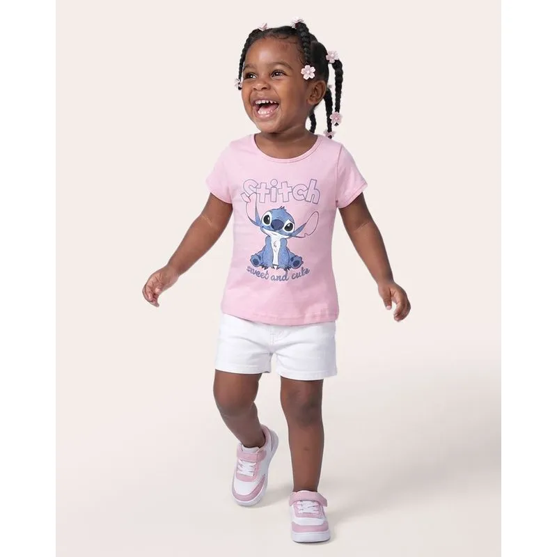 Camiseta Bebê Algodão Disney Stitch Manga Curta Rosa 1