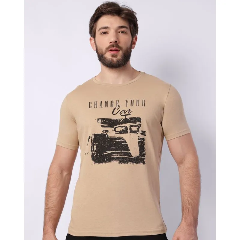 Camiseta Masculina Algodão com Estampa Manga Curta Bege M