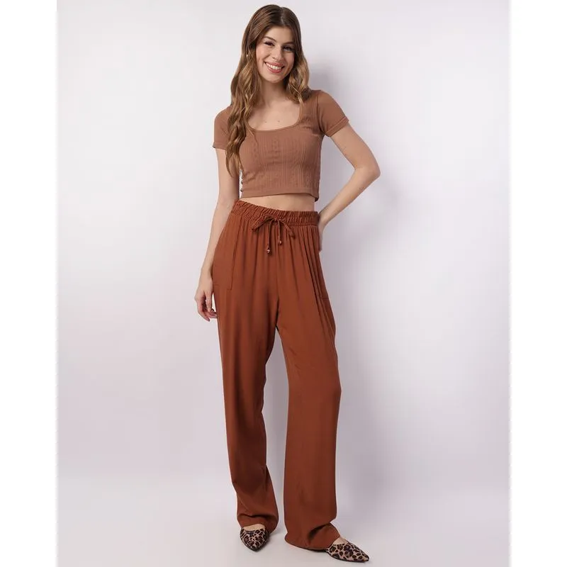 Calça Feminina Viscose Reta com Bolsos Marrom G