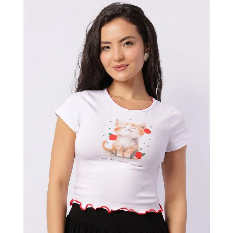 Camiseta Feminina Cropped Manga Curta Gatinho Branca PP