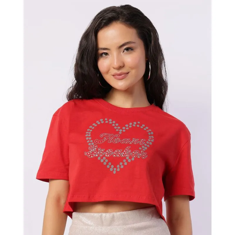 Camiseta Feminina Cropped Manga Curta com Strass Vermelha M