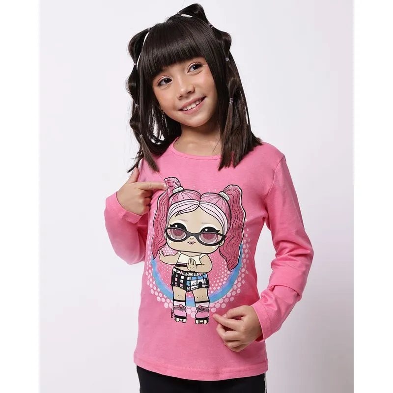 Camiseta Infantil Manga Longa Algodão Estampa LOL Rosa 8