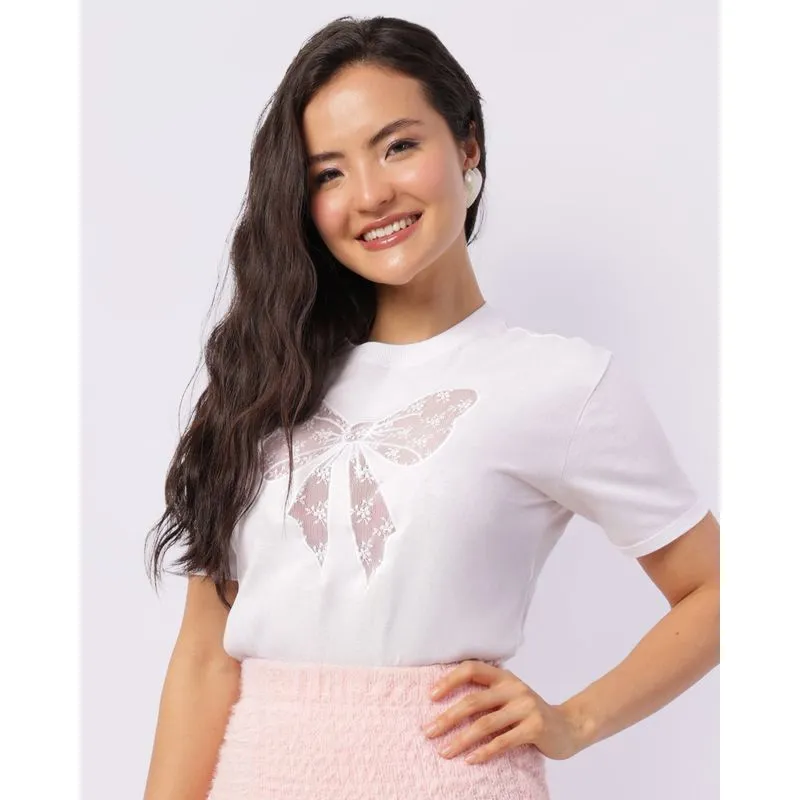 Camiseta Feminina com Renda Laço Manga Curta Branca G