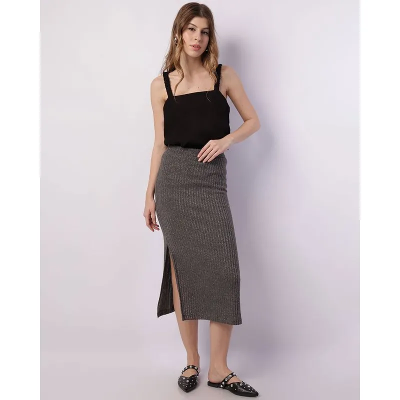 Saia Feminina Midi Canelada Lurex com Fenda Cinza GG