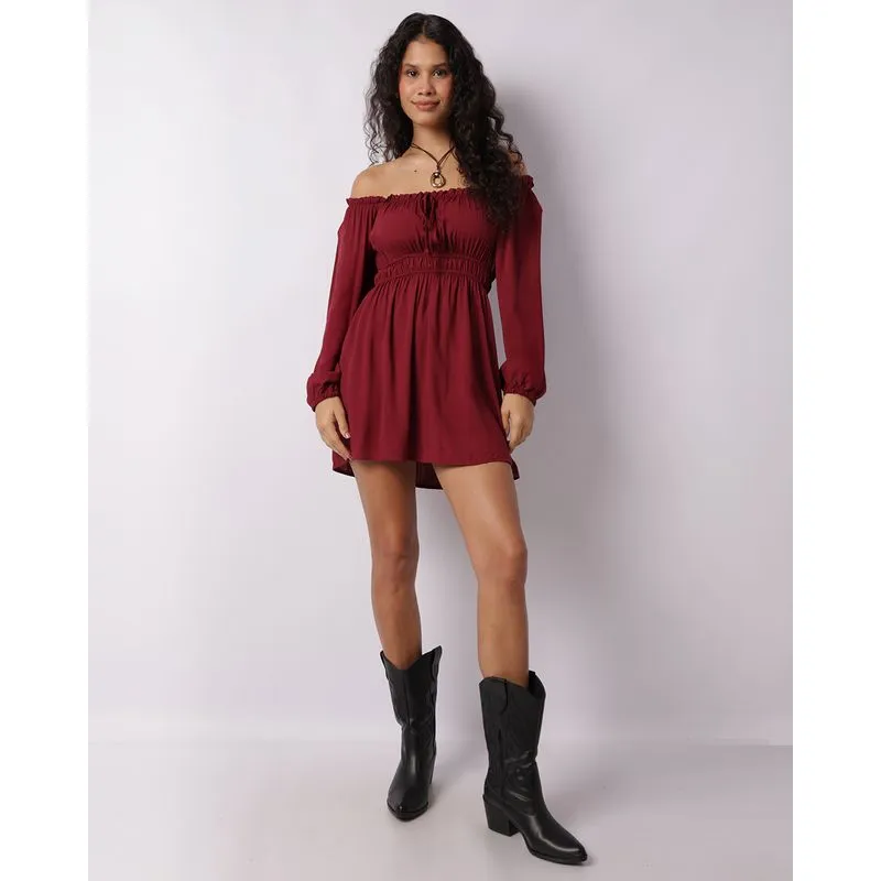 Vestido Feminino Curto Manga Longa Ciganinha Vinho G