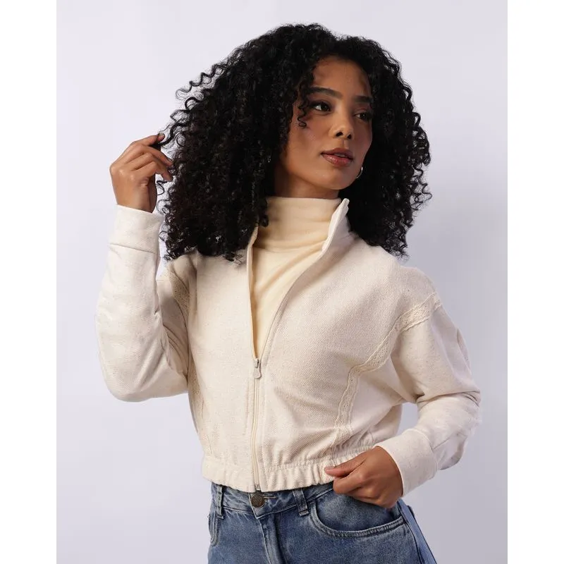 Jaqueta Moletom Feminina Cropped com Renda Elástico Bege P