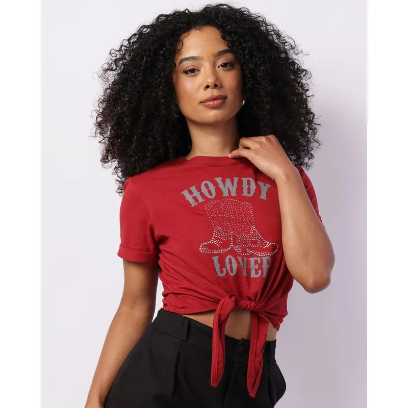 Camiseta Feminina Amarração com Strass Vinho P