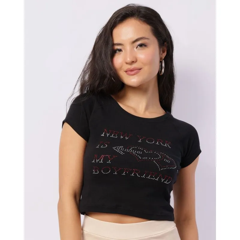 Blusa Feminina Cropped Manga Curta com Strass Preta M