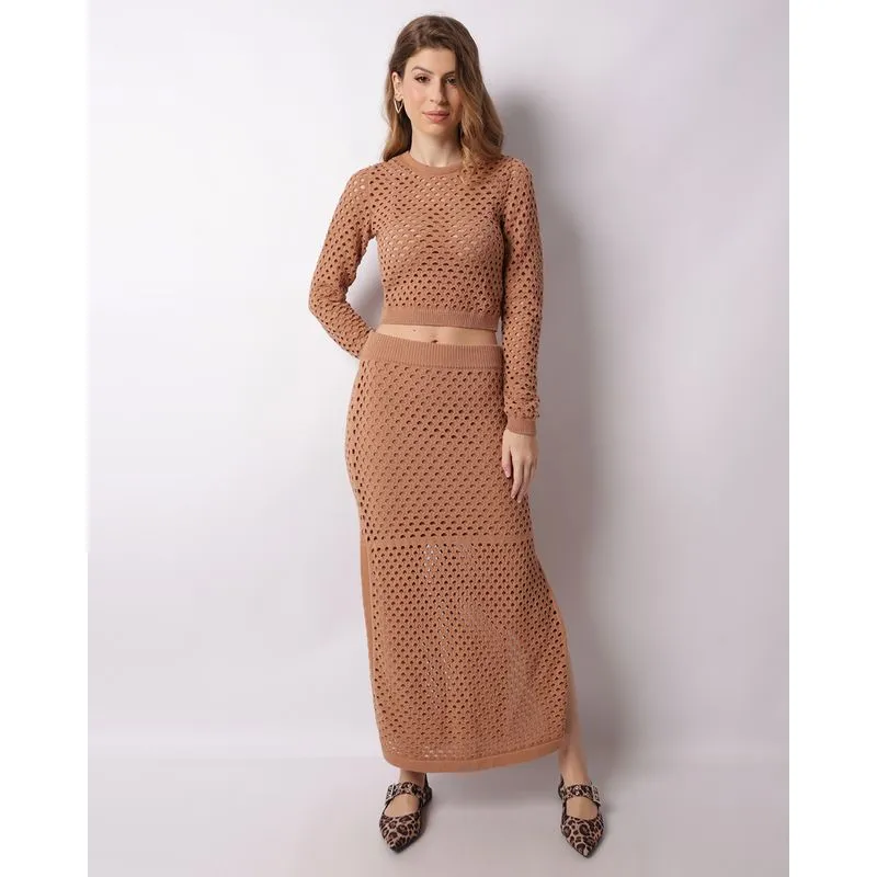 Saia Feminina Tricô Longa Com Fenda Bege P