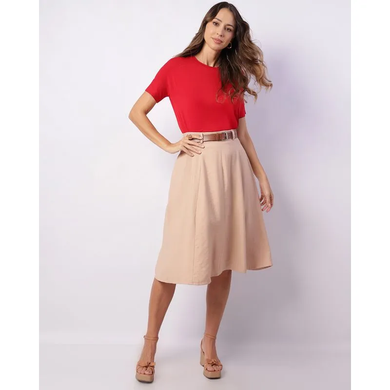 Saia Feminina Midi Alfaiataria Bege GG