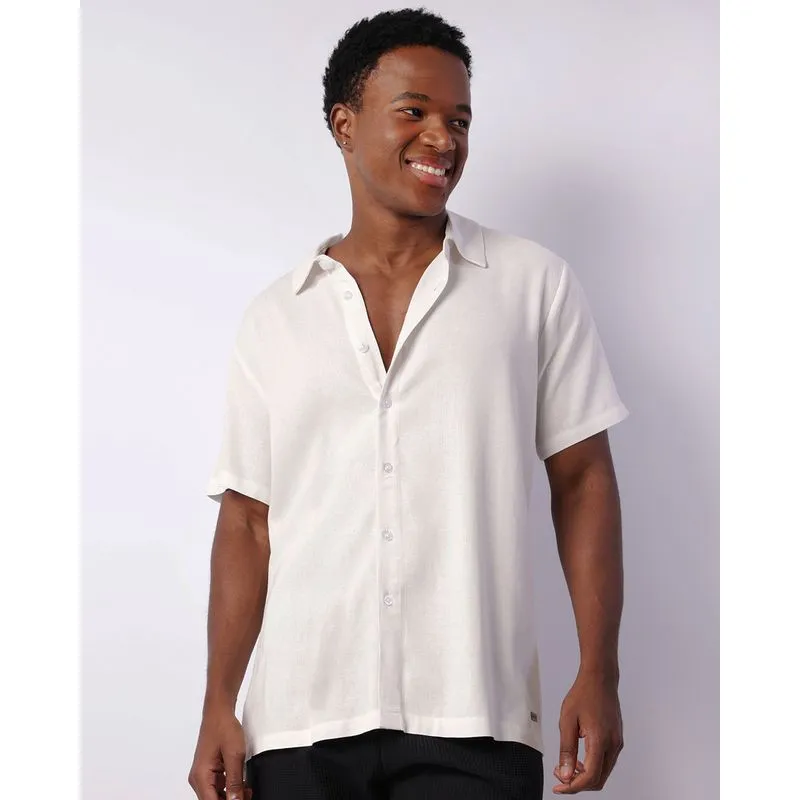 Camisa Masculina Viscolinho Manga Curta Com Botões Off White M