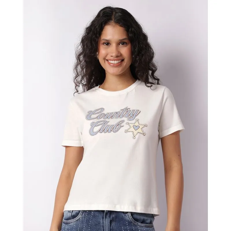 Camiseta Feminina Estampa Frontal Aplicação Off White PP