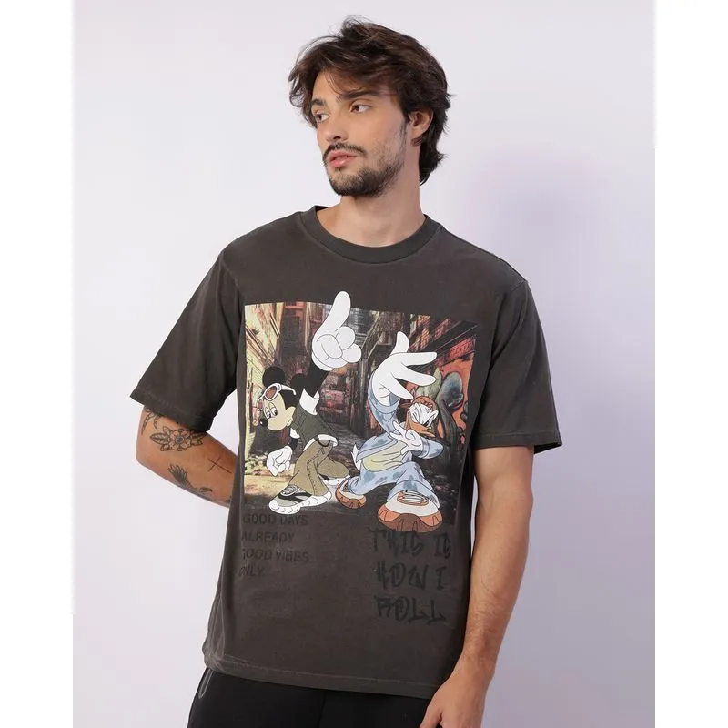 Camiseta Masculina Oversized Disney Mickey Pato Donald Cinza M