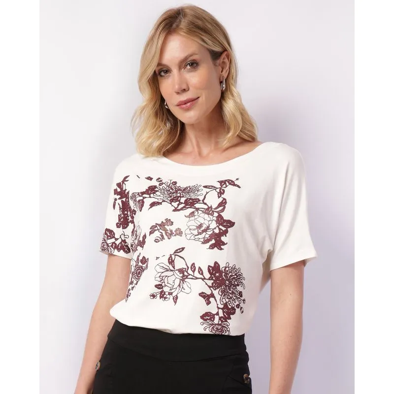 Blusa Feminina Manga Curta Viscose com Strass Off White P