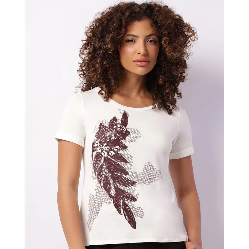 Blusa Feminina Manga Curta Estampa Flor Com Strass Off White P