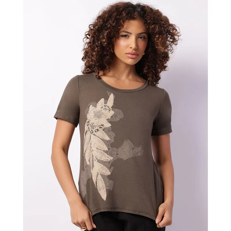Blusa Feminina Manga Curta Estampa Flor Com Strass Verde M