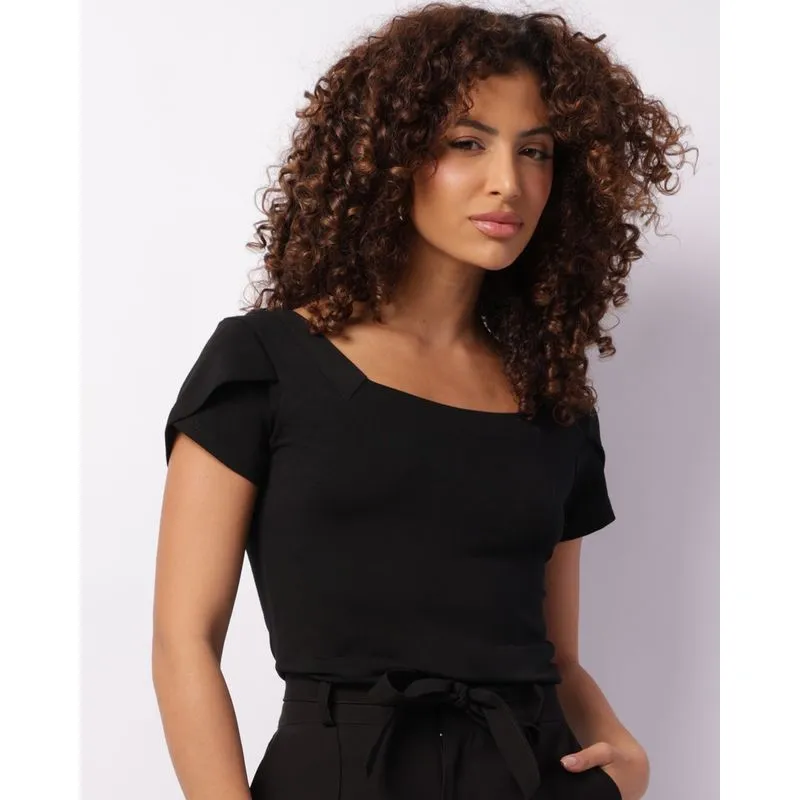 Blusa Feminina Manga Curta Decote Quadrado Preta M