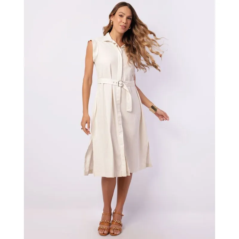Vestido Feminino Midi Viscolinho Manga Curta Bege P