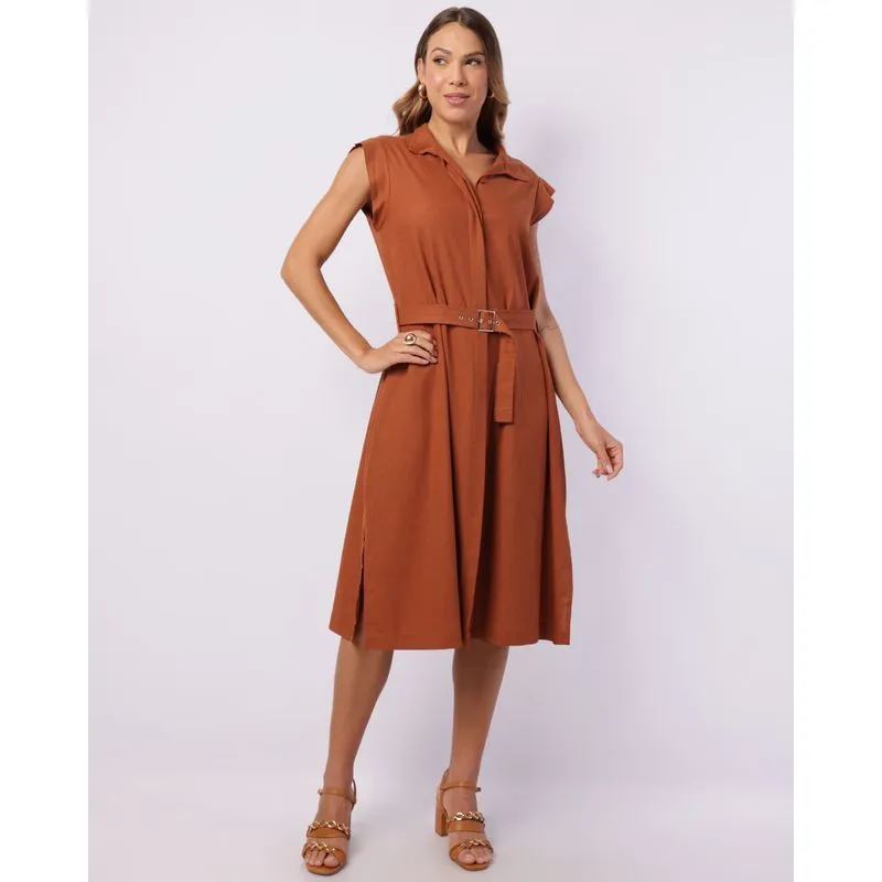 Vestido Feminino Midi Viscolinho Manga Curta Marrom G